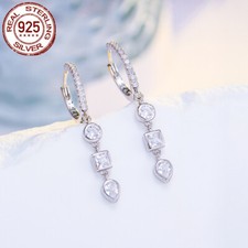 925 Sterling Silver CZ Earrings Round Square Huggie Dangle Drop for Women Party