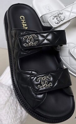 【美品】CHANEL Sports Sandals Leather BLK 39 Chanel CC Espadrille Slip On Sandals Black - 39 – REDELUXE