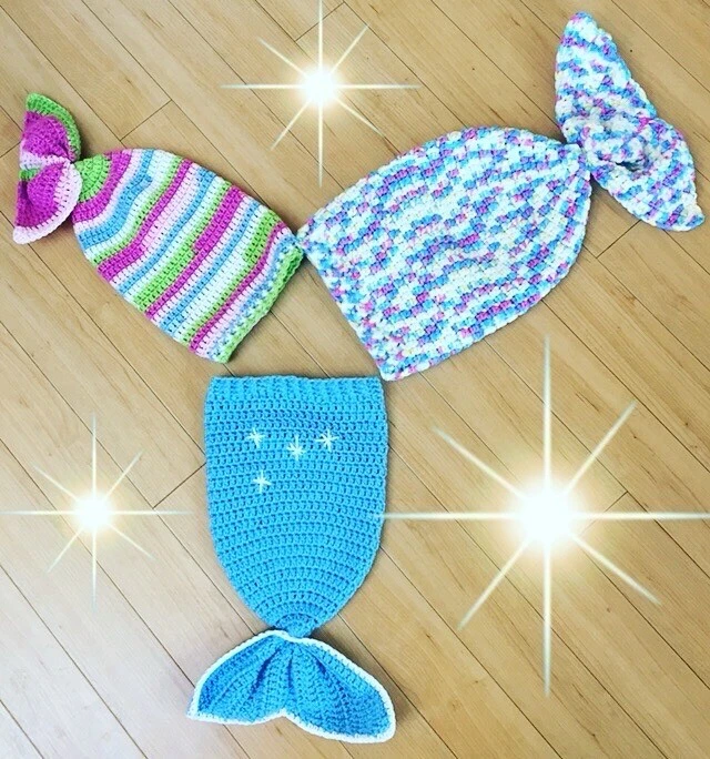 HANDMADE CROCHET MERMAID FINS TAILS X 3 PHOTOGRAPHY PROPS BABIES INFANTS UNIQUE