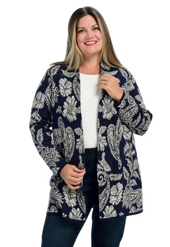 Ladies Jacquard Patterned Navy Coatigan Size 1X | eBay