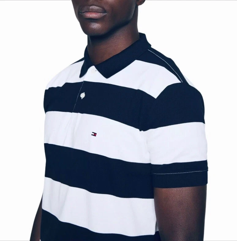 TOMMY HILFIGER Men's TH FLEX Slim Fit Striped Polo Shirt Navy And White XS  S M