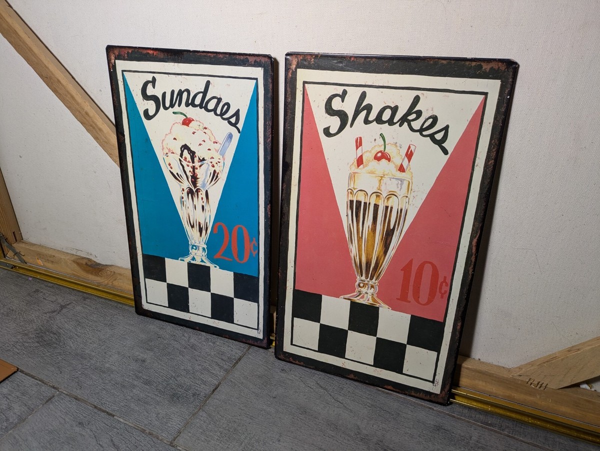 Vintage Set Retro Tin Metal Wall Signs - Malt Shop Sundaes Milk