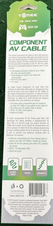 Component AV Cable for Xbox 360 by Tomee 6 Feet Long HD Five Head 1080p - Image 2 of 2