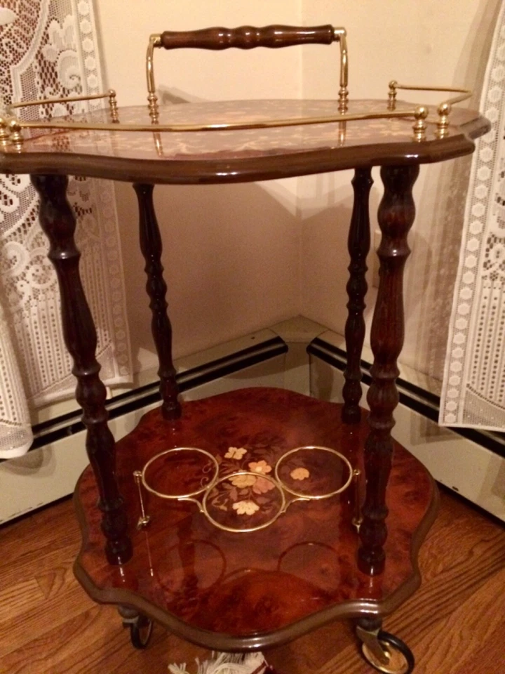 复古意大利红木镶嵌吧茶点车 2 层 8 侧手推车 — 第 2/4 张图片