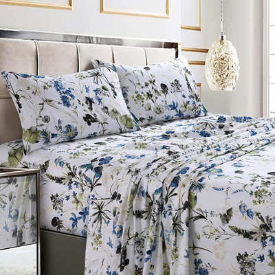 California King Bed Sheet Set, Soft Cotton Sateen Printed Sheets Floral Print, E