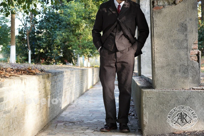 AR Vintage Men French Striped Suit Pants High Rise Straight Heavyweight Cotton - Picture 9 of 19