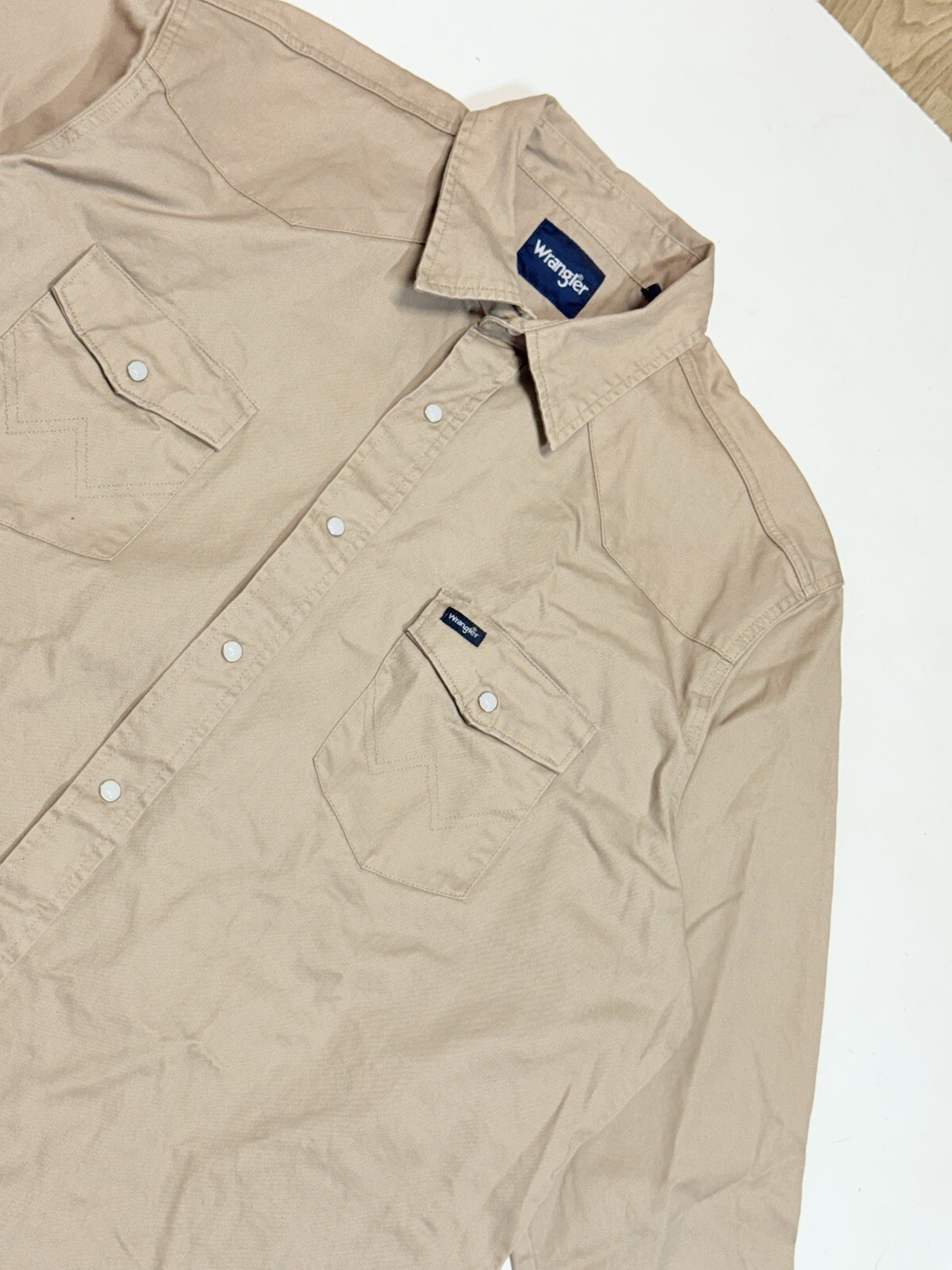 Wrangler Shirt Men’s XXL Beige Long Sleeve Twill Button Up Pearl Snap Vtg Heavy thumbnail 4