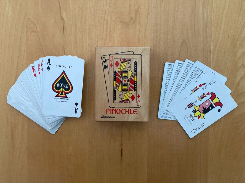 WISHFULWOODS PINOCHLE PLAYING CARDS W/WOODEN BOX HOLDER SIGNED #2965