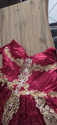 Damen Abendkleid lang Spitze rot/gold bestickt ärmellos V-Ausschnitt Gr. 48
