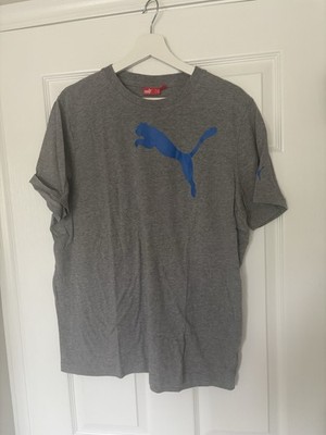 Vintage PUMA Men's L Gray Solid Blue Logo Knit Crew Neck Short Sleeve T-Shirt