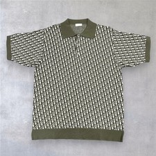 Dior Oblique Monogram Logo Cotton Jacquard Knit Polo Shirt Khaki Size L