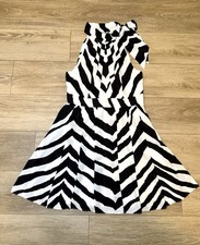 Express Black And White Print Fit And Flare Dress Tie Neck Size 10
