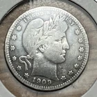 1909 Barber Quarter Dollar 90% Silver US 25c Coin - Circulated