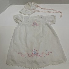 Vintage Embroidered Linen Infant Outfit Dress Night Gown With Bonnet Doll Dress