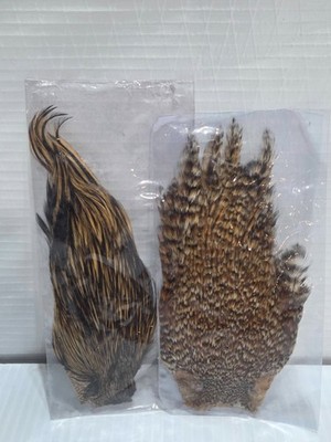 Lot 2 Natural Feather Patches Fly Tying Hackle Cape Saddle Grizzly Mottled New