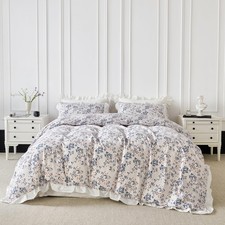 White Ruffled Duvet Cover King 100 Cotton 3 Pcs Set 1 Garden Blue Flower Duv...