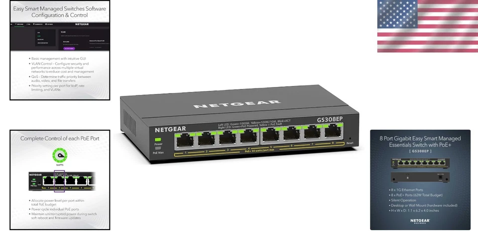Conmutador PoE+ administrado inteligente GS308EP 8 puertos: 62 W de potencia, ideal para VoIP y cámaras Foto 2 de 4