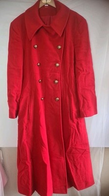 Reine Schurwolle Damen roter Vintage langer Mantel 18 Militärstil goldfarbene Knöpfe