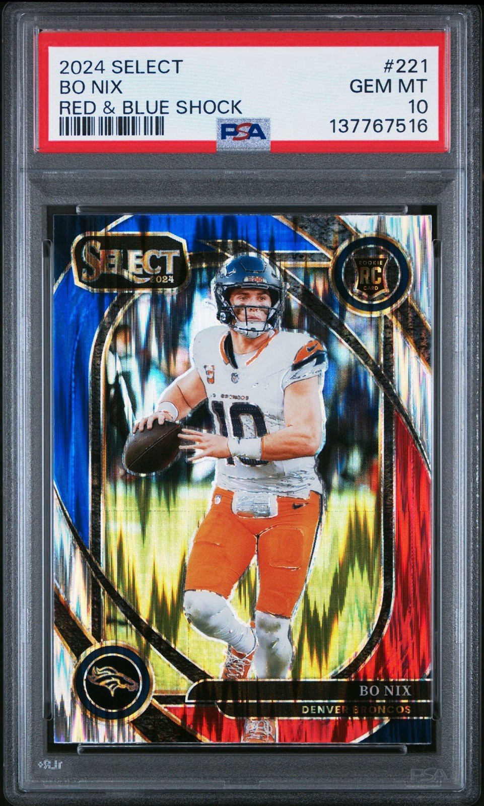 2024 Panini Select Bo Nix Red & Blue Shock Prizm Club Level Rookie #221 PSA 10
