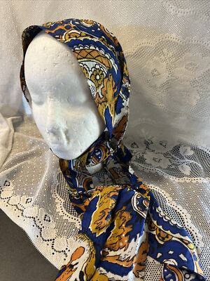 Vtg 60s Head Scarf Wrap Hair Art flower Power Blue Yellow Mod Go Go Hippy  Groovy