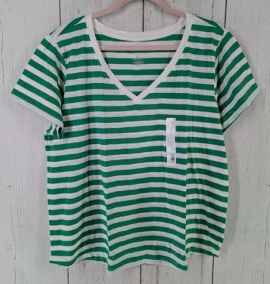 Sonoma Size XL Green White Stripe V Neck Short Sleeve Womens Top NWT