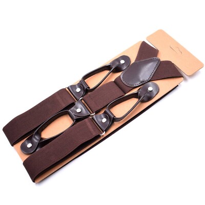 6 Button Holes Link Men's Suspenders Deep Coffee Color 24-43'' Adjustable Length