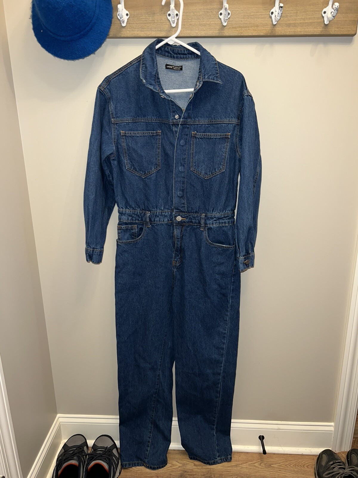 *RARE* Shein Jean Pantsuit Sz Med Tall Cotton/Poly Pockets Snaps Zip Long Sleeve
