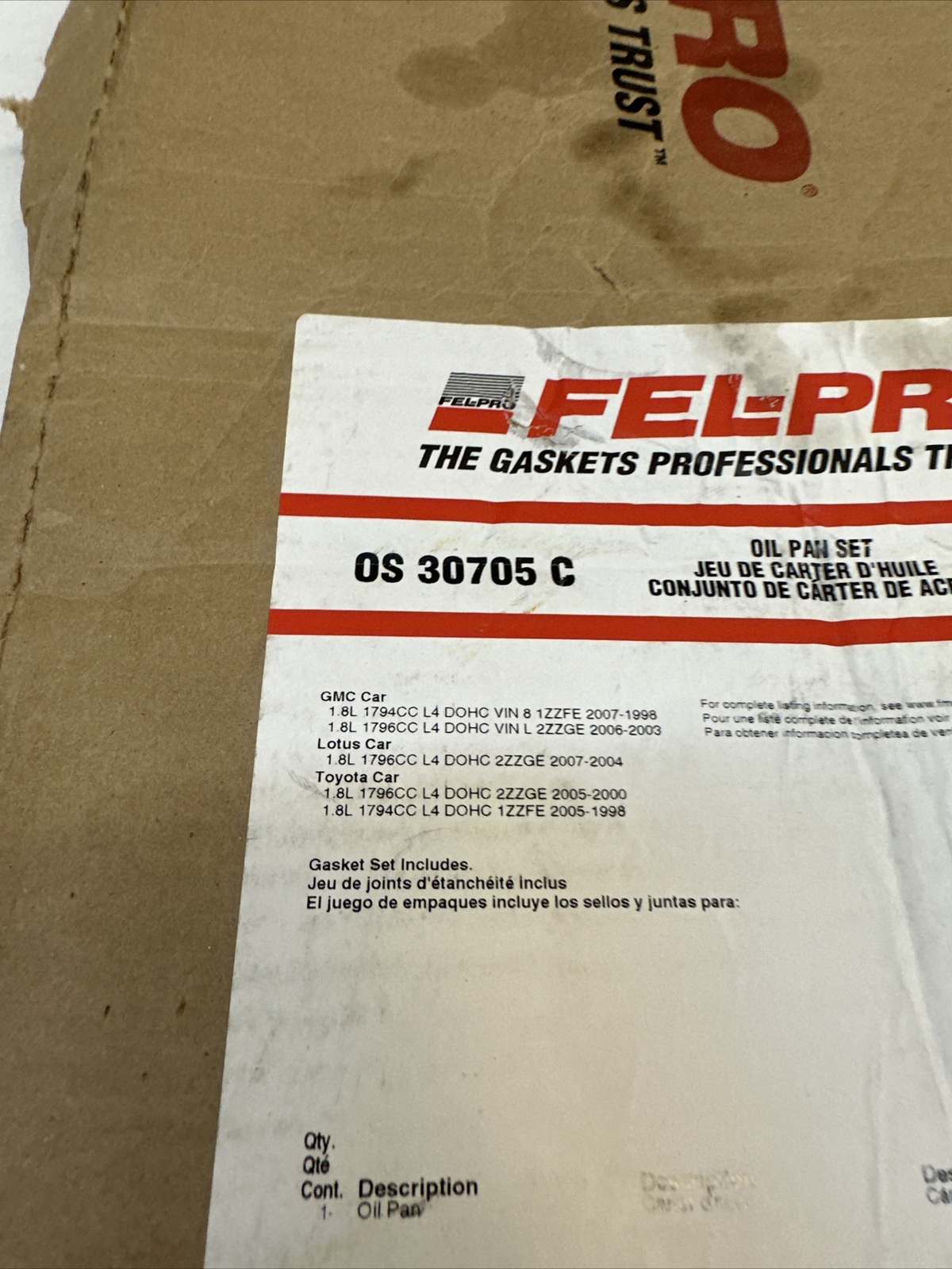 OS30705C Felpro Set Oil Pan Gaskets New for Chevy Toyota Corolla Celica