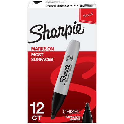Permanent Markers, Chisel Tip, Black, 12 Count
