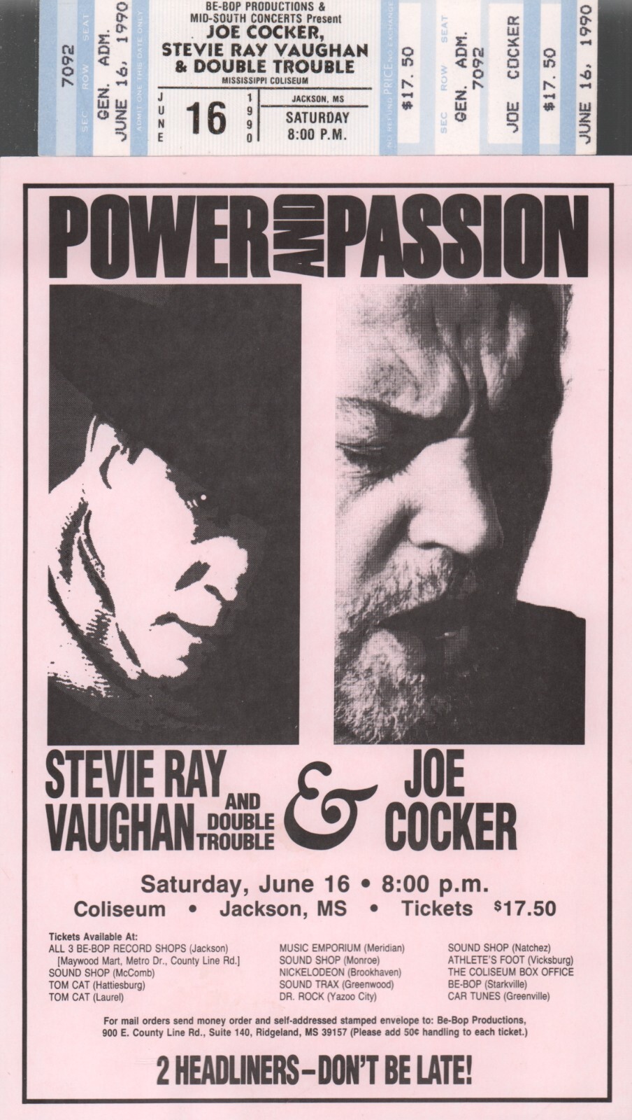 STEVIE RAY VAUGHAN / JOE COCKER 1990 1st PRINTING JACKSON, MS HANDBILL & TICKET eBay