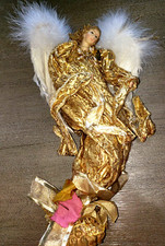 18 inch GOLD SPARKLY ANGEL white feather WINGS stands on base alone PRETTY 