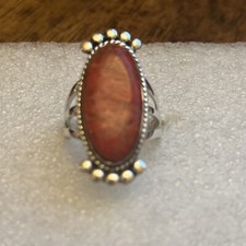 Natural Coral Elongated Oval Solitaire Ring size 7 in 925 Sterling Silver