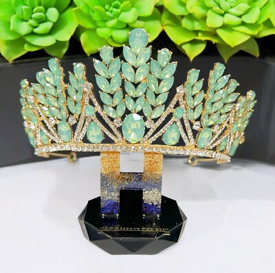 Green Wedding Tiara, Gold Goddess Headband, Princess Crystal  display picture 2