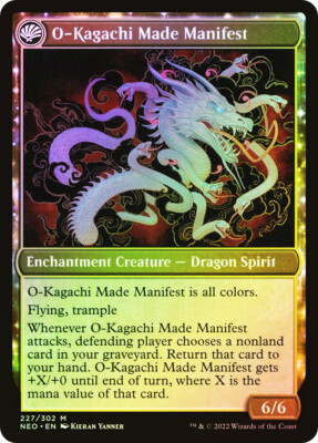 the kami war mtg card // O-Kagachi Made Manifest [489] [Extended Art] [Kamigawa: Neon Dynasty] [Foil]  Face to Face Games and Green Enchantment Creature Dragon Spirit O-Kagachi, Vengeful Kami