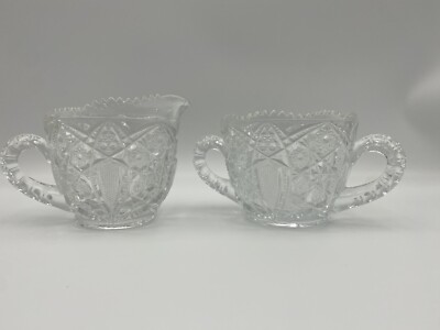 Vintage Press Cut Hobstar Cream and Sugar 2pc Set Diamond Cut Glass Kitchenware