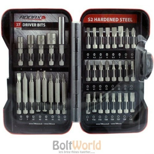 ADDAX 37 PCS DRIVER BIT SET SLOTTED PHILLIPS POZI TIM DRIVE HEX 25mm AND 50mm