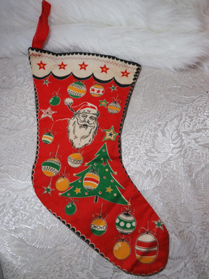 VINTAGE FLANNEL MERRY CHRISTMAS STOCKING 18'' SANTA CLAUS TREE ORNAMENTS DESIGN
