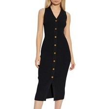 Michael Kors Women Black Viscose Rib Knit V-neck Snap Front Midi Dress Size XS