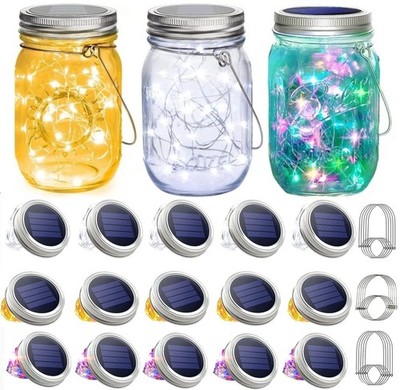 Mason 20 LED Jar Lid Lights with Hangers Solar Fairy Firefly String Garden Decor