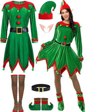 6 Pack Women Christmas Elf Costume Set Velvet Dress Santa's Helper Costume Xmas