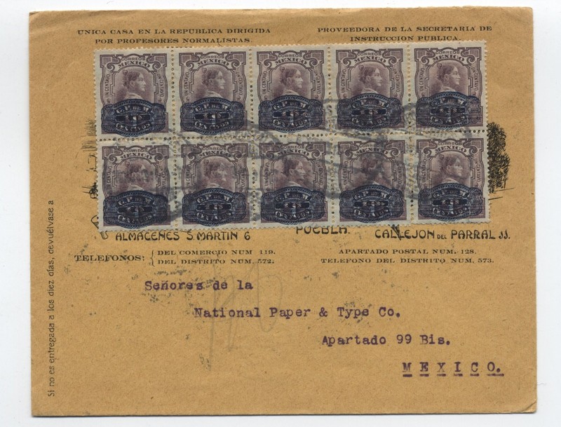 1916 Mexico cover 10ct overprint block of 10 [y10836]