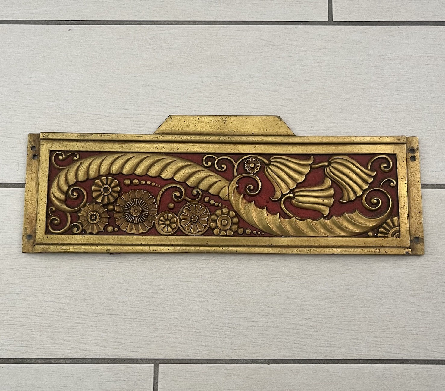 Antique Brass Panel Wall Art Nouveau Ornate Architectural Salvage Signed