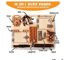 Wood Montessori Busy Board - 10-in-1 Sensory Activity Toy for Toddlers with ...