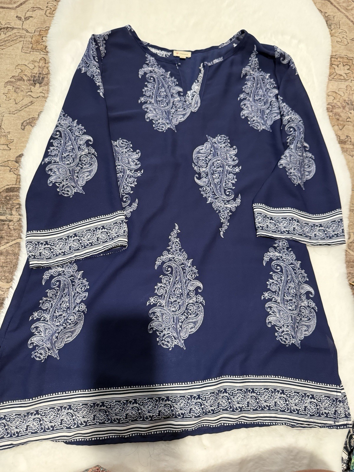 Paisley Print Sheath Dress Blue V-Neck 3/4 Sleeve Knee Length Women