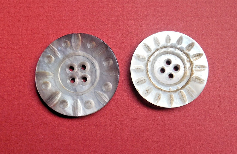 Two Carved Smokey Grey Shell Buttons - 1 1/8" & 1 1/4"