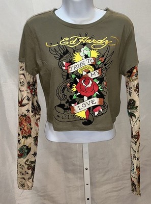Ed Hardy Womens True To My Love Cropped Olive Shirt Mesh Tattoo Sleeves L M12194