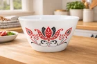 VTG Fire King Fleurette Mixing Bowl Milk Glass Red Black 7.5in USA