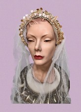 VTG 1930s 40s WAX ORANGE BLOSSOM BUD  DISC MEDALLION Wedding Crown  Veil