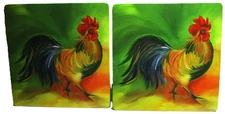2 RANGE KLEEN HOT PADS, METAL TRIVETS WITH COLORFUL ROOSTERS