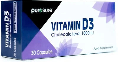 PUROSURE Vitamin D3 Cholecalciferol 1000IU x 30 Capsules High Potency Immune Support